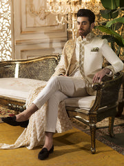 Off-White Sherwani in Raw Silk with Hand-Embroidery