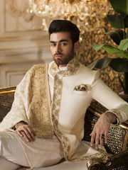 Off-White Sherwani in Raw Silk with Hand-Embroidery