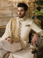 Off-White Sherwani in Raw Silk with Hand-Embroidery