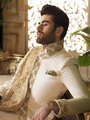 Off-White Sherwani in Raw Silk with Hand-Embroidery