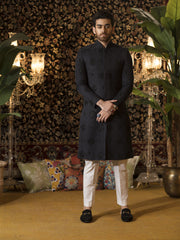 Hand-Embroidered Sherwani in Black Traditional Karandi Jamiawar