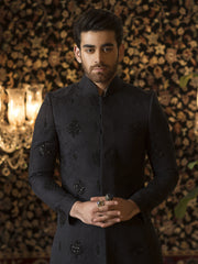 Hand-Embroidered Sherwani in Black Traditional Karandi Jamiawar