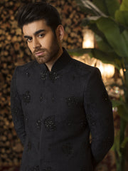 Hand-Embroidered Sherwani in Black Traditional Karandi Jamiawar