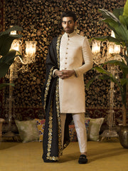 Traditional Sherwani in Off-White Raw Silk with Hand-Embroidered Nackline & Cuffs