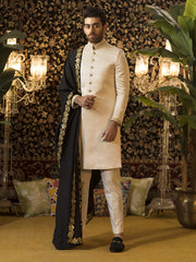 Traditional Sherwani in Off-White Raw Silk with Hand-Embroidered Nackline & Cuffs