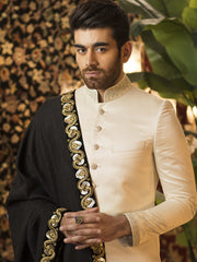 Traditional Sherwani in Off-White Raw Silk with Hand-Embroidered Nackline & Cuffs