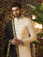 Traditional Sherwani in Off-White Raw Silk with Hand-Embroidered Nackline & Cuffs