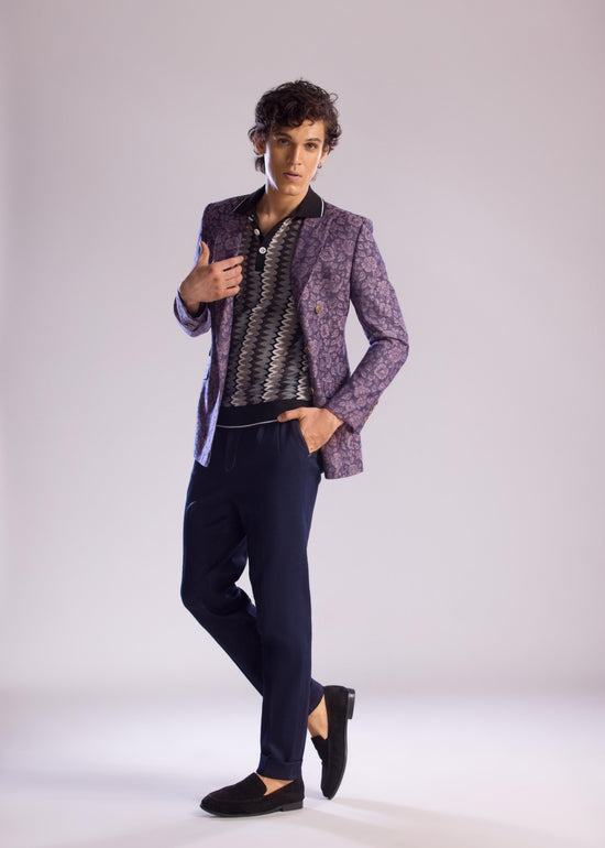 Mohtaram - Double-Breasted Tuxedo Jacket in Floral Jacquard Weave
