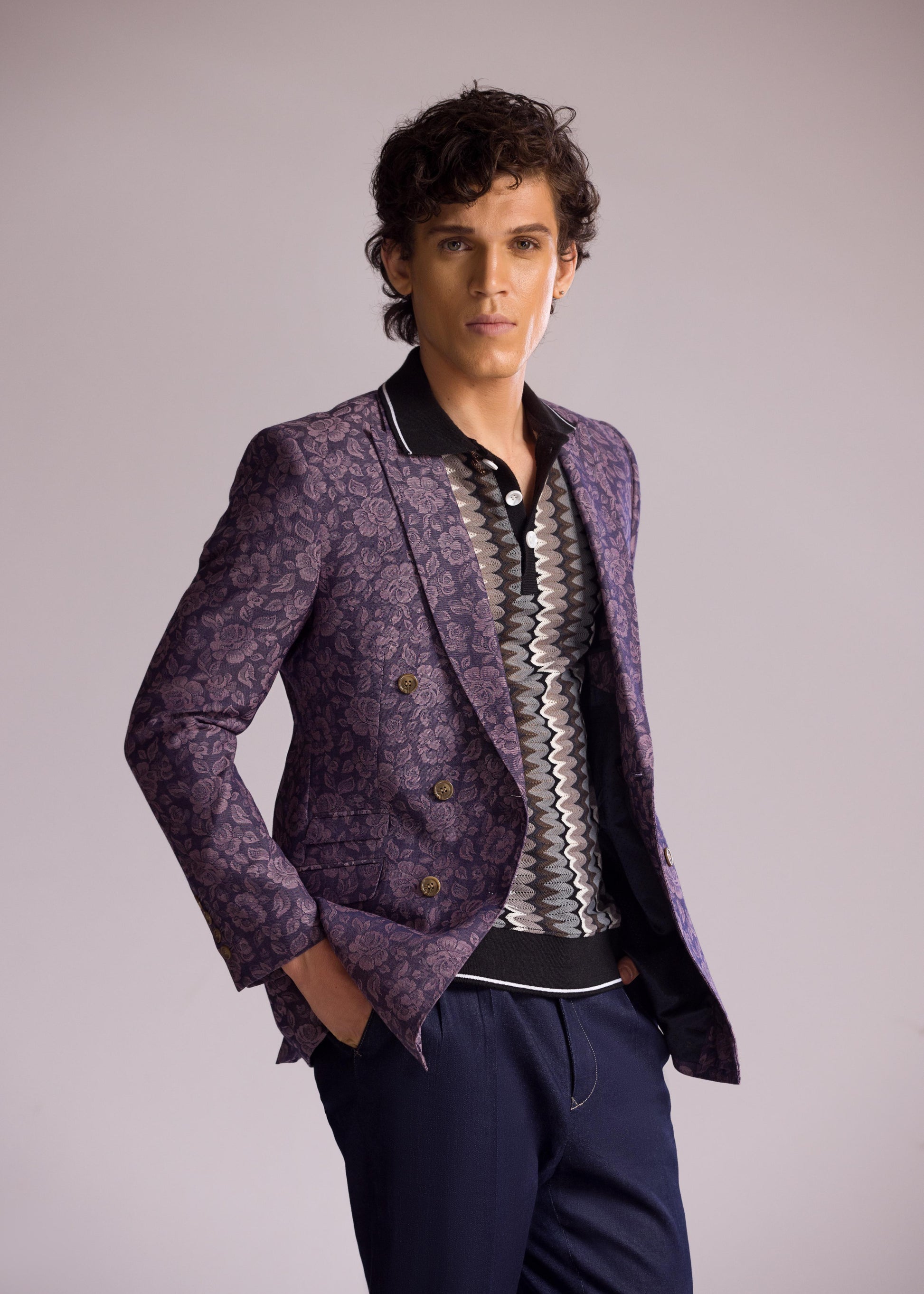Mohtaram - Double-Breasted Tuxedo Jacket in Floral Jacquard Weave