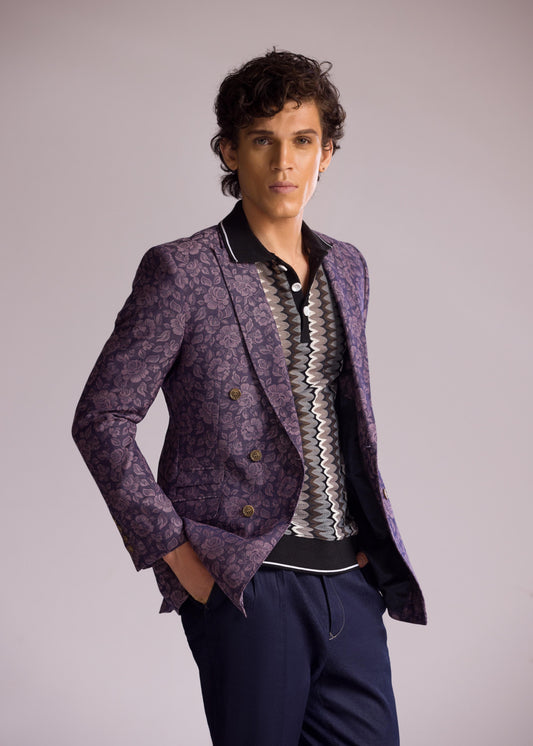 Mohtaram - Double-Breasted Tuxedo Jacket in Floral Jacquard Weave