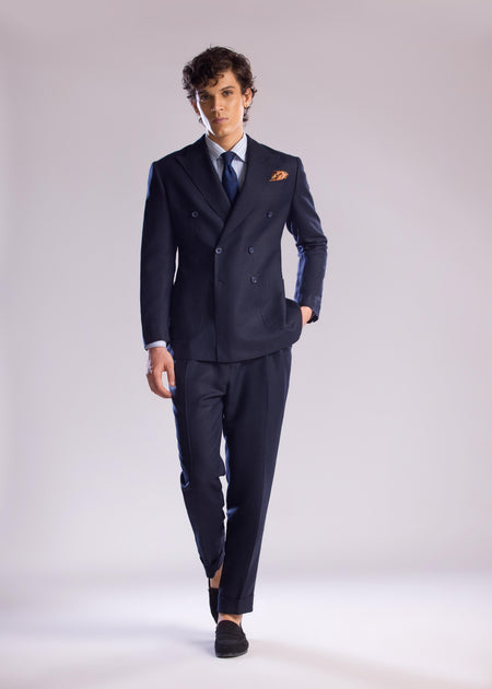 Double Breasted, Linen Sport Jacket in Midnight Blue by Mohtaram