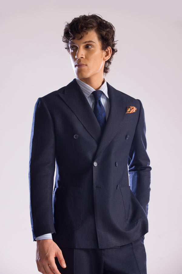 Double Breasted, Linen Sport Jacket in Midnight Blue by Mohtaram