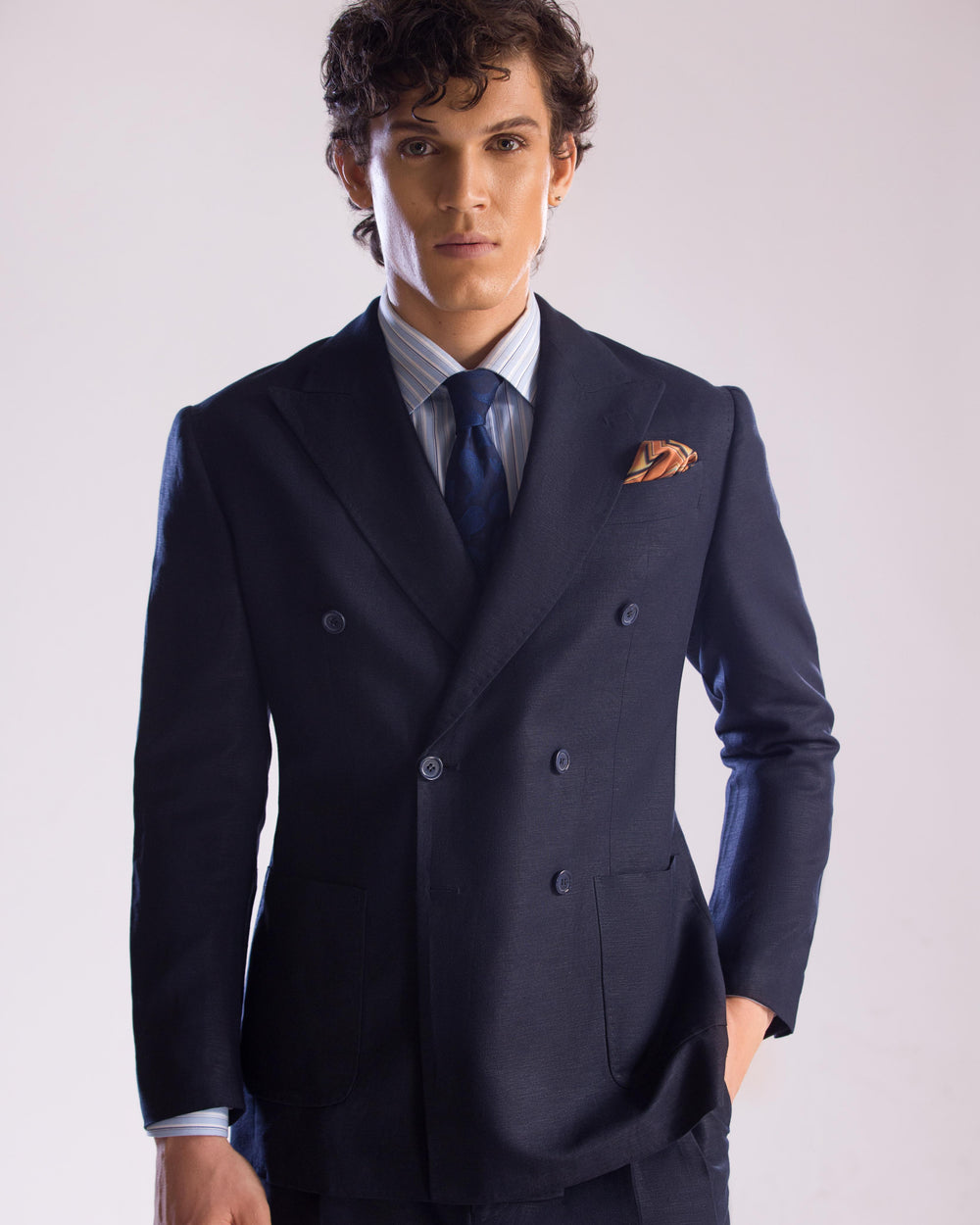 Double Breasted, Linen Sport Jacket in Midnight Blue by Mohtaram