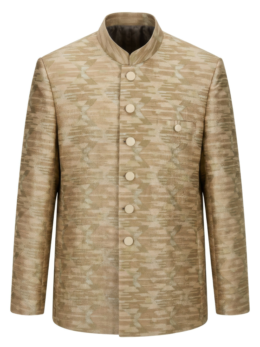 Embroidered Bandhgala with Ikat Design in Beige & Gold