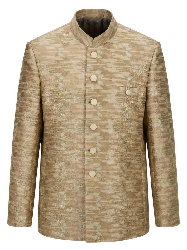 Embroidered Bandhgala with Ikat Design in Beige & Gold