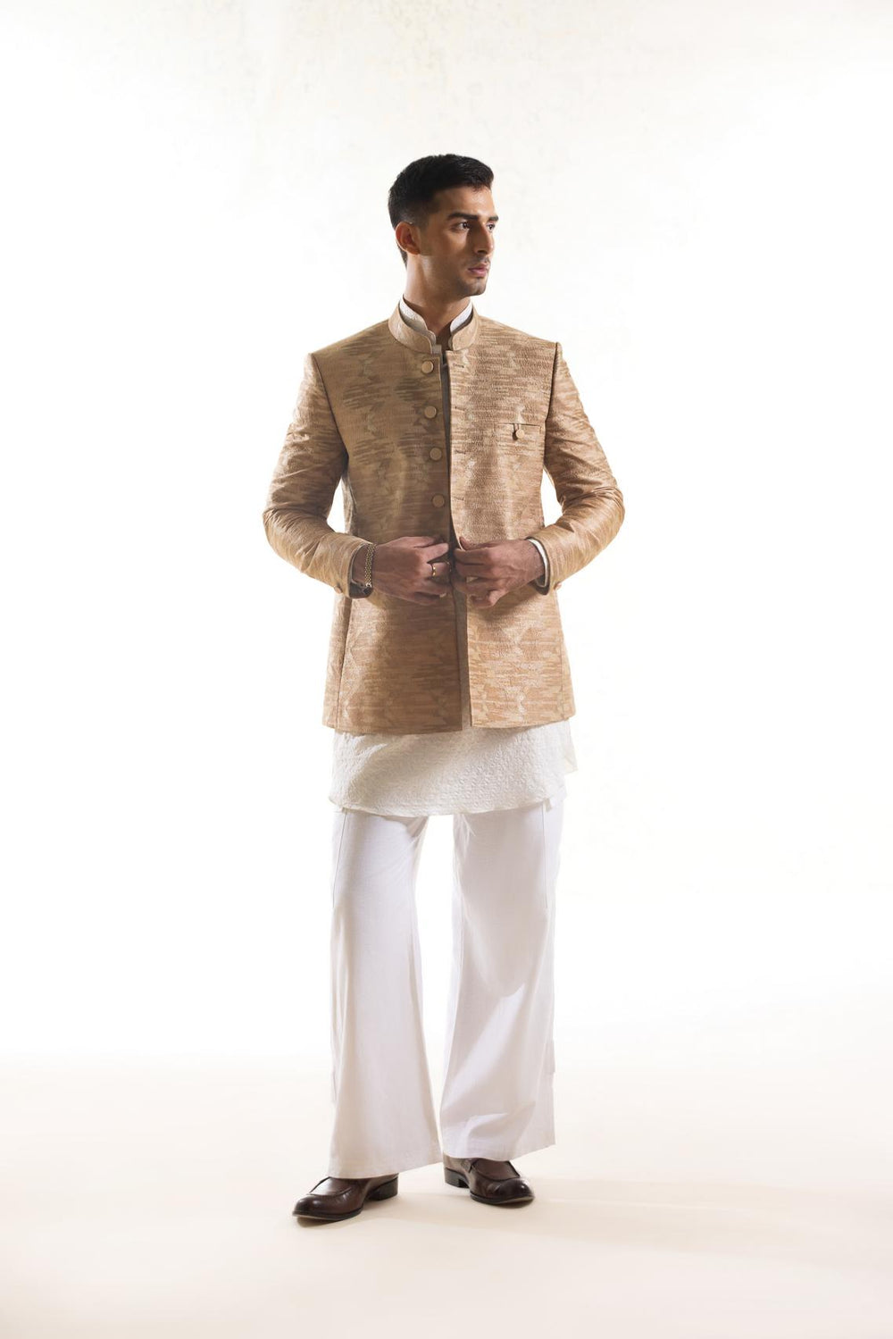 Embroidered Bandhgala Jacket with Ikat Pattern in Beige & Gold