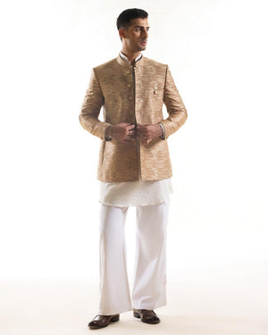 Embroidered Bandhgala Jacket with Ikat Pattern in Beige & Gold