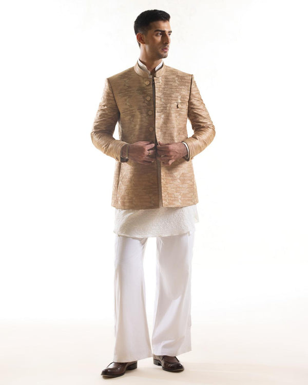 Embroidered Bandhgala Jacket with Ikat Pattern in Beige & Gold