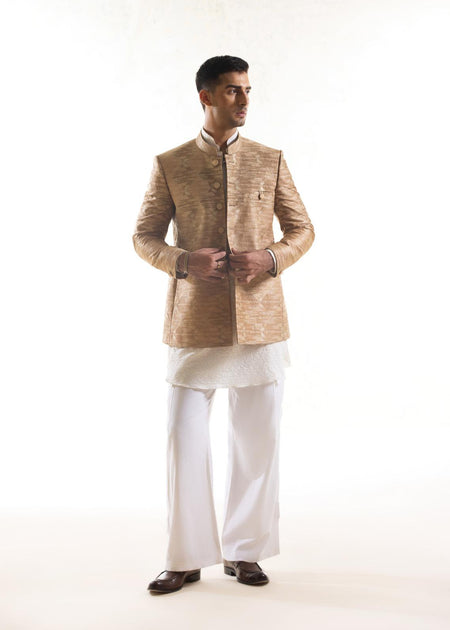 Embroidered Bandhgala Jacket with Ikat Pattern in Beige & Gold