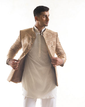 Embroidered Bandhgala Jacket with Ikat Pattern in Beige & Gold