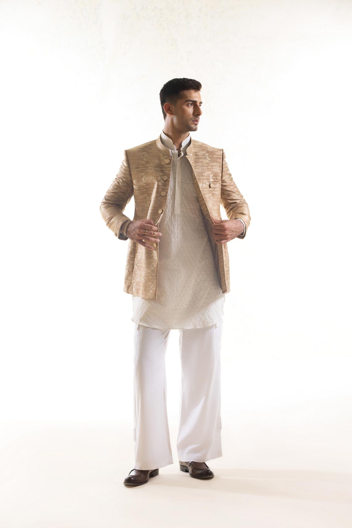 Embroidered Bandhgala Jacket with Ikat Pattern in Beige & Gold