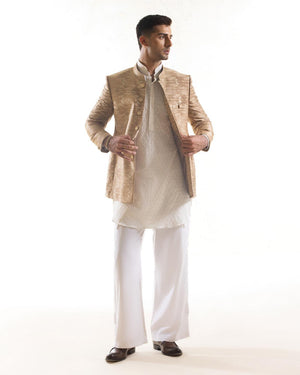 Embroidered Bandhgala Jacket with Ikat Pattern in Beige & Gold
