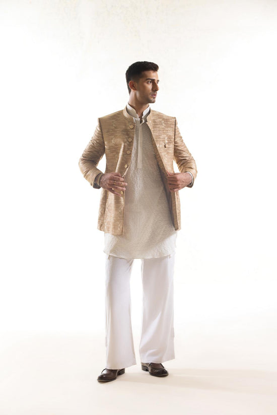 Embroidered Bandhgala Jacket with Ikat Pattern in Beige & Gold