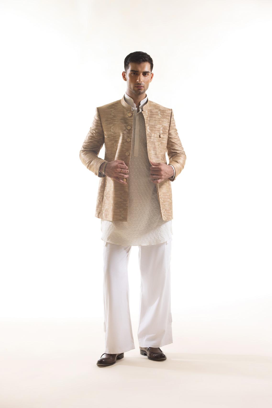 Embroidered Bandhgala Jacket with Ikat Pattern in Beige & Gold