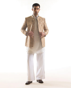 Embroidered Bandhgala Jacket with Ikat Pattern in Beige & Gold
