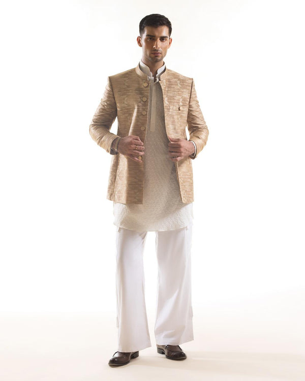 Embroidered Bandhgala Jacket with Ikat Pattern in Beige & Gold