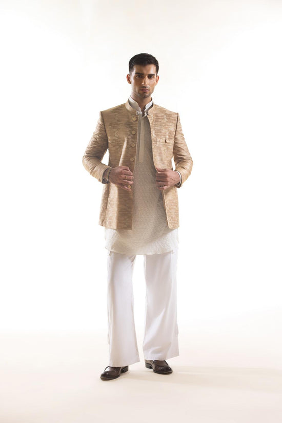 Embroidered Bandhgala Jacket with Ikat Pattern in Beige & Gold