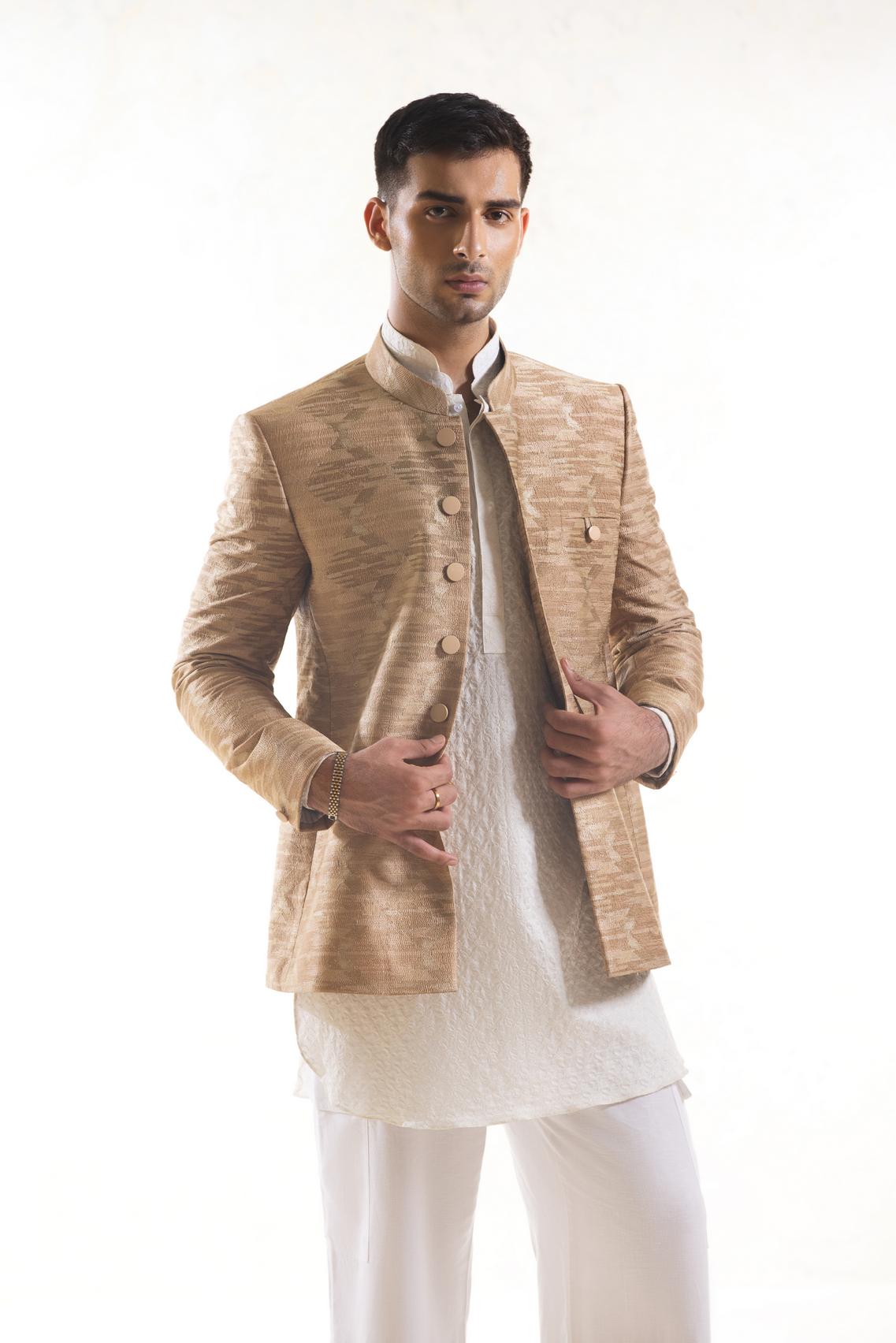 Embroidered Bandhgala Jacket with Ikat Pattern in Beige & Gold
