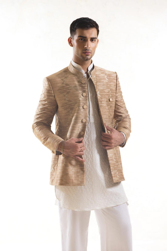 Embroidered Bandhgala Jacket with Ikat Pattern in Beige & Gold