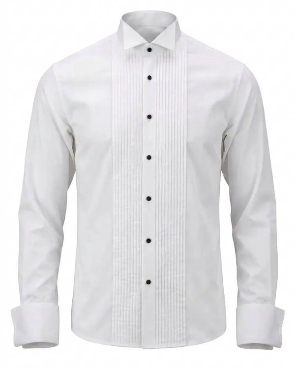 White Pleated-Bib Tuxedo Shirt with French Cuffs