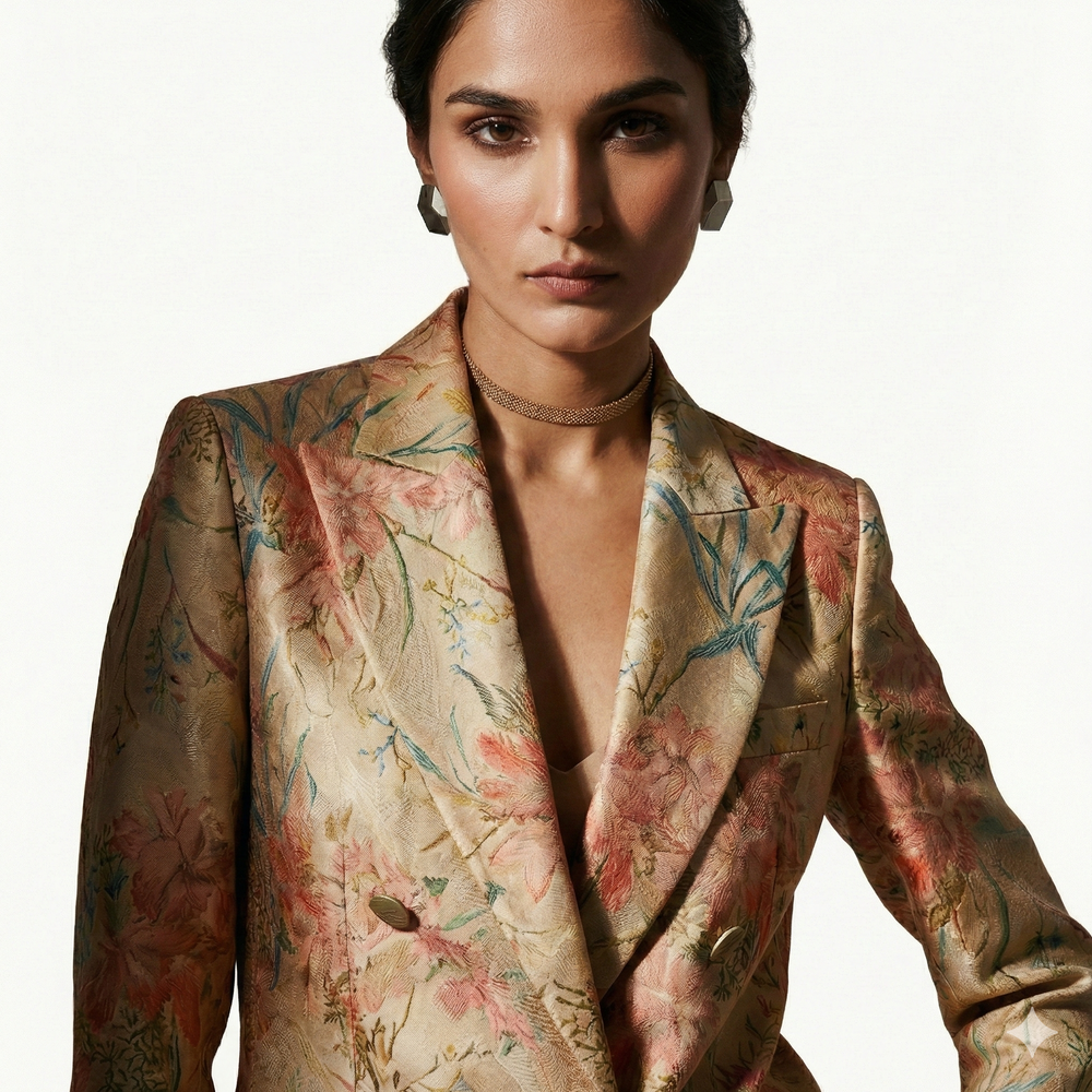 Woman wearing a floral patterned blazer on a white background