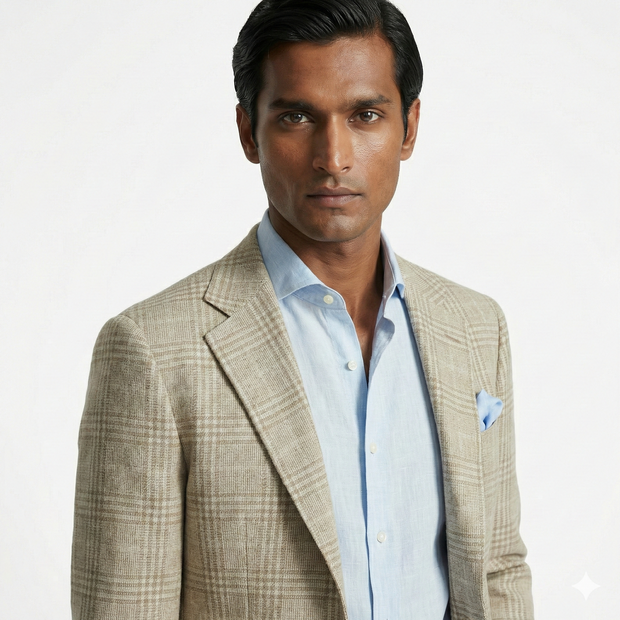 Man wearing a beige checkered suit with a light blue shirt on a white background