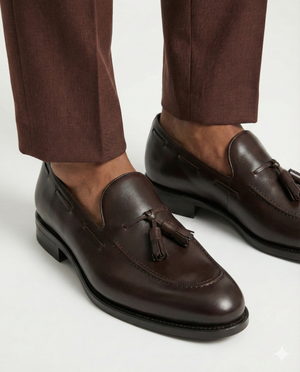 Brown leather loafers with tassels worn with brown pants on a light gray background