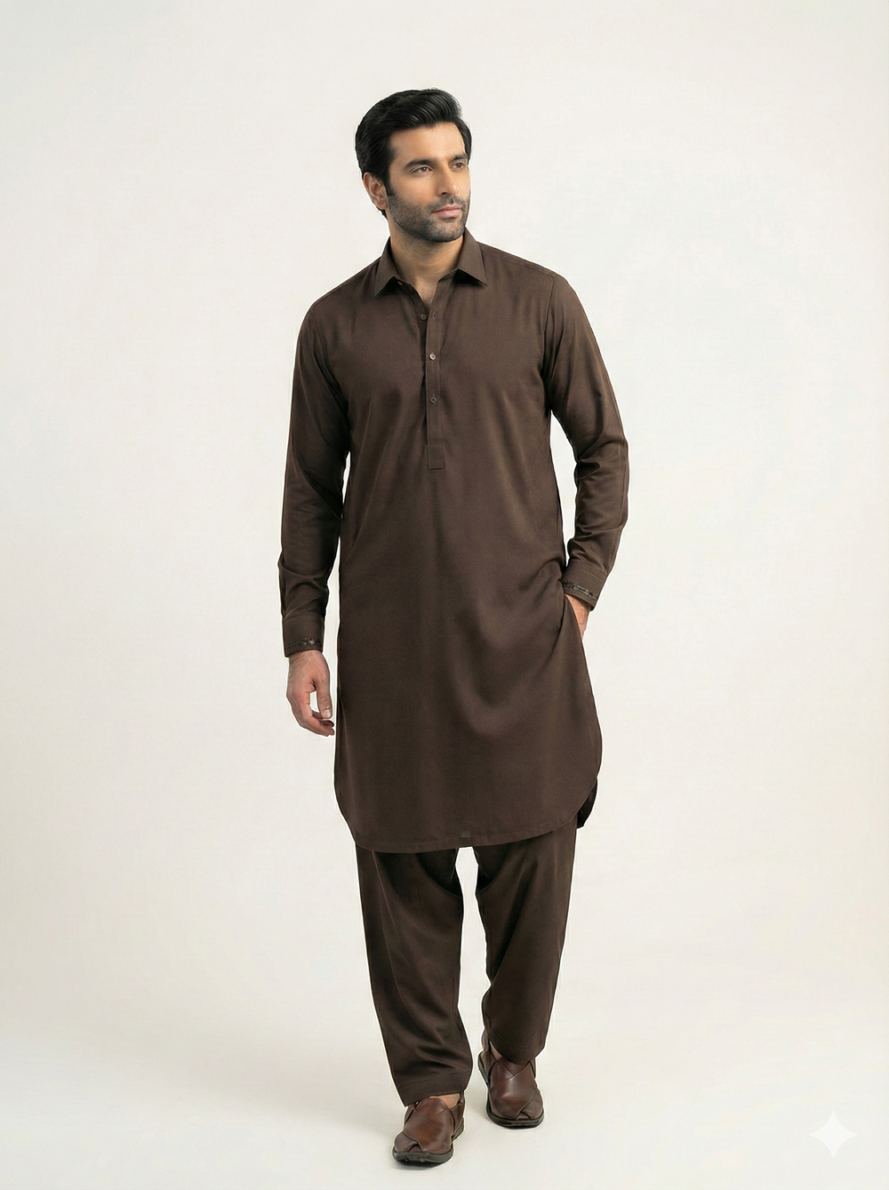 Close-up of brown fabric with a visible brand label.