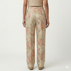 Floral patterned pants worn by a person on a white background