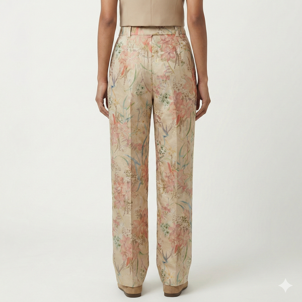 Floral patterned pants worn by a person on a white background