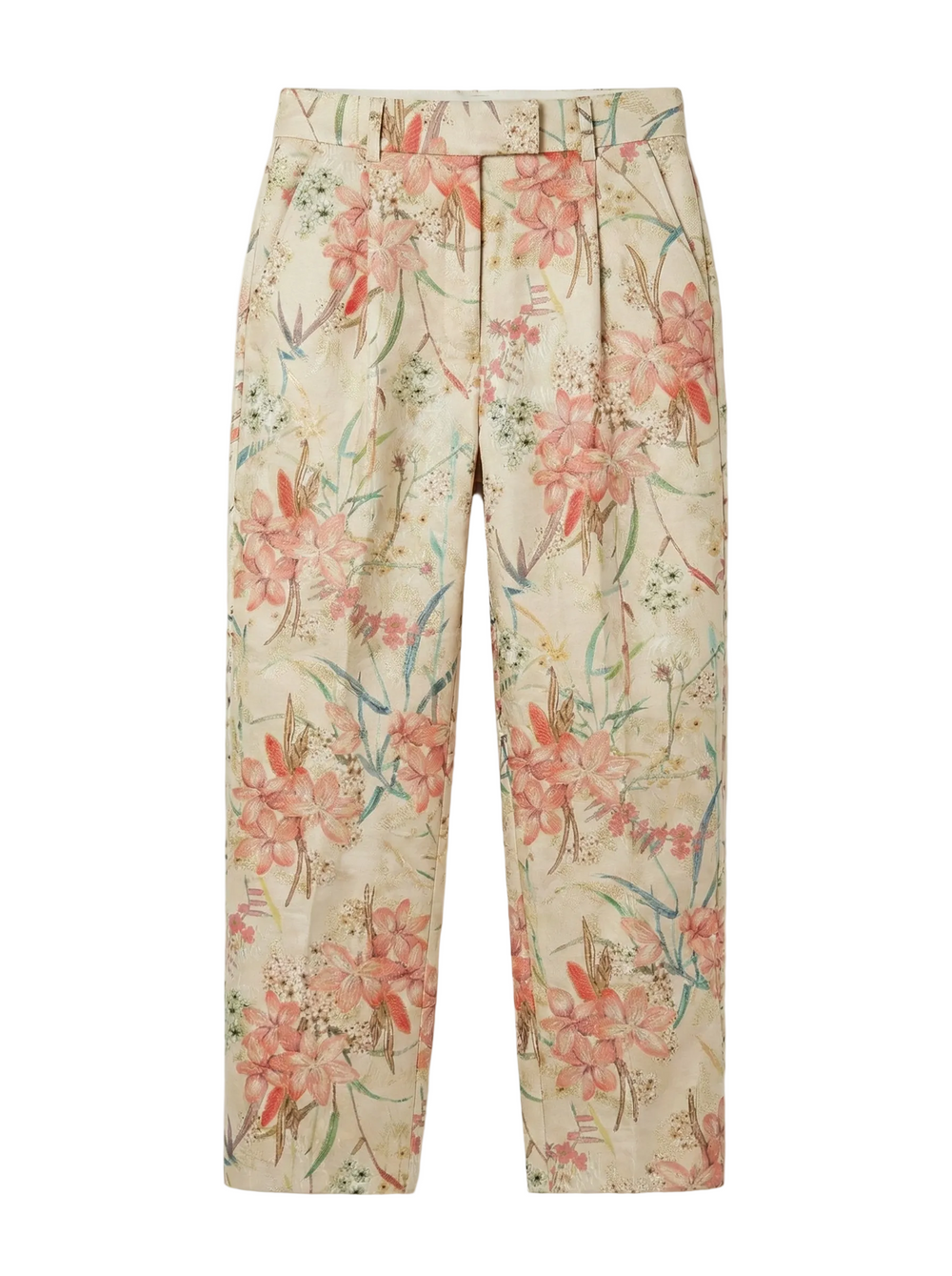Floral-patterned pants on a white background