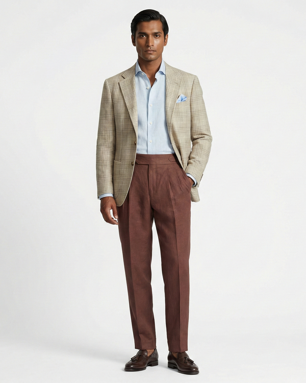 Man wearing a beige checkered blazer, light blue shirt, and brown trousers on a white background