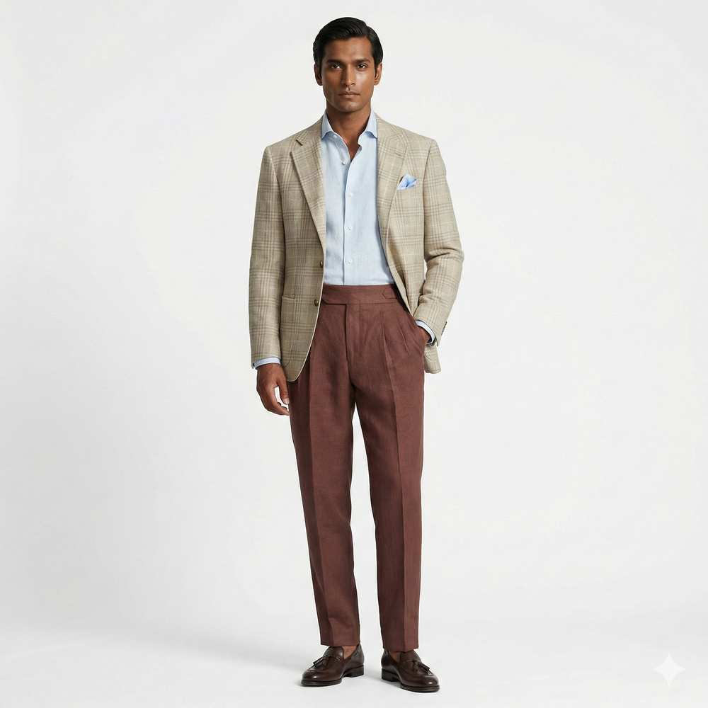 Beige Plaid Sport Jacket in Wool, Silk & Cotton