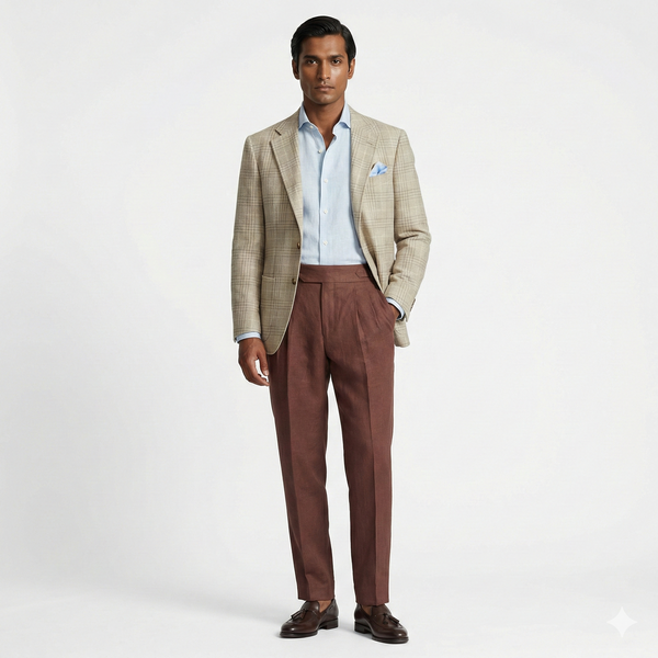 Beige Plaid Sport Jacket in Wool, Silk & Cotton