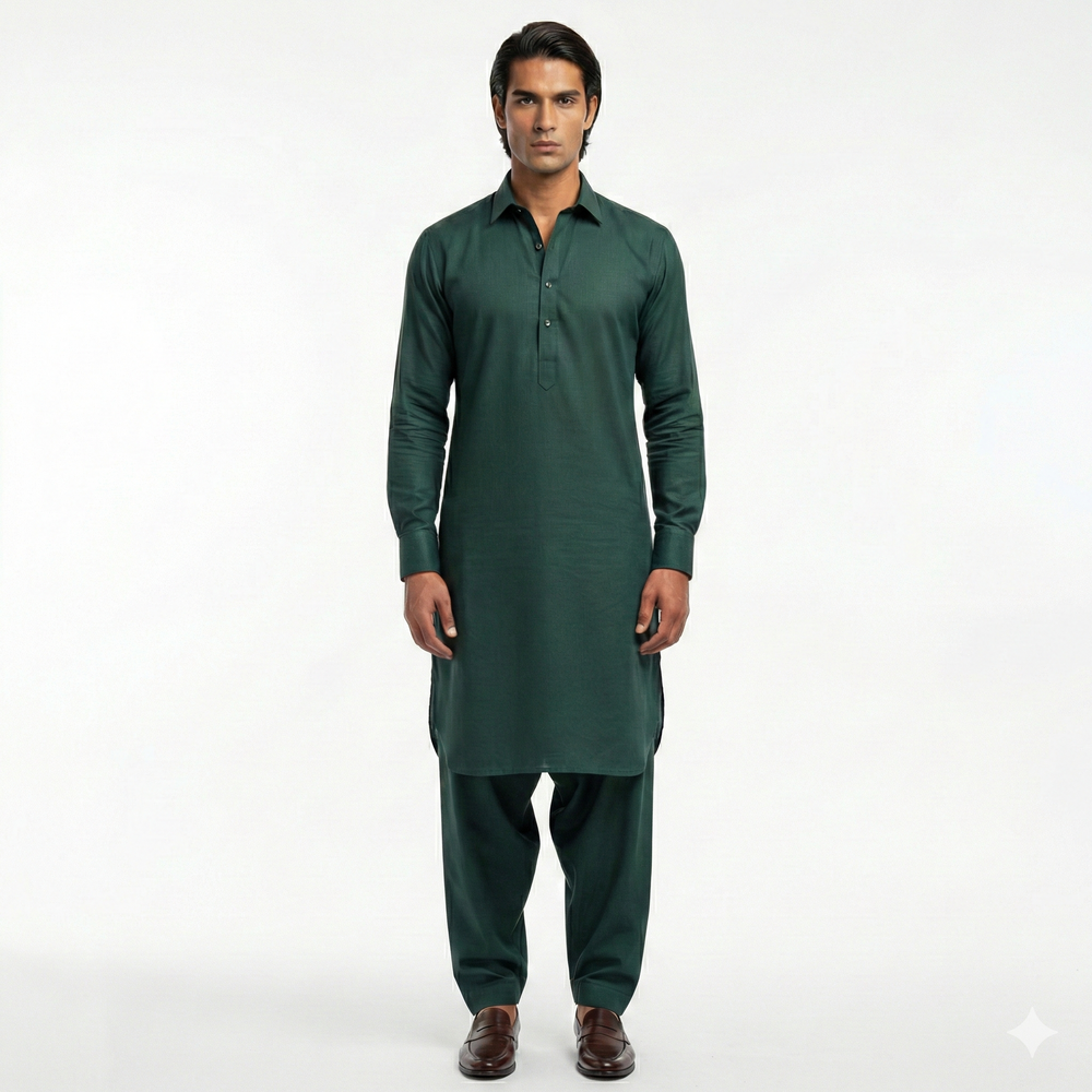 Teal fabric with a brand label on a dark teal background