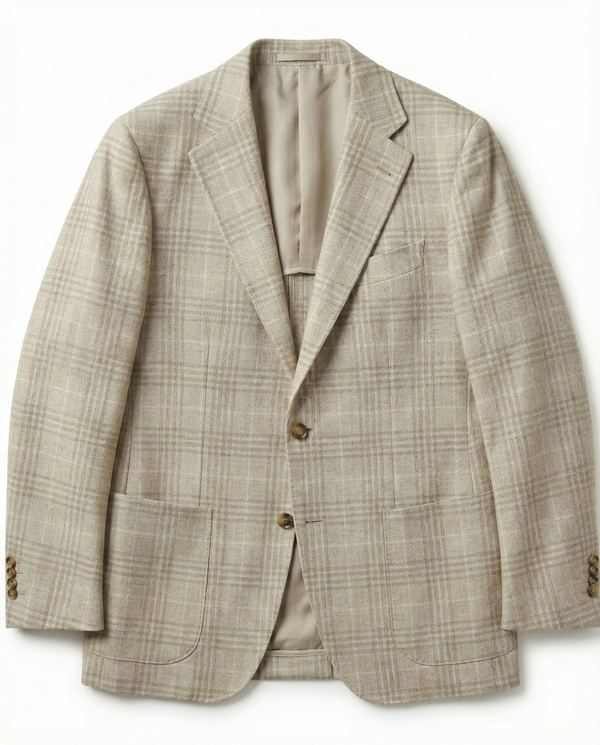 Beige Plaid Sport Jacket in Wool, Silk & Cotton