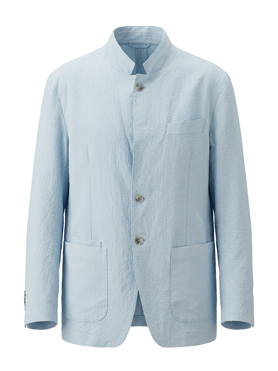 Ice Blue Seersucker Band-Collar Jacket