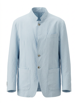Ice Blue Seersucker Band-Collar Jacket
