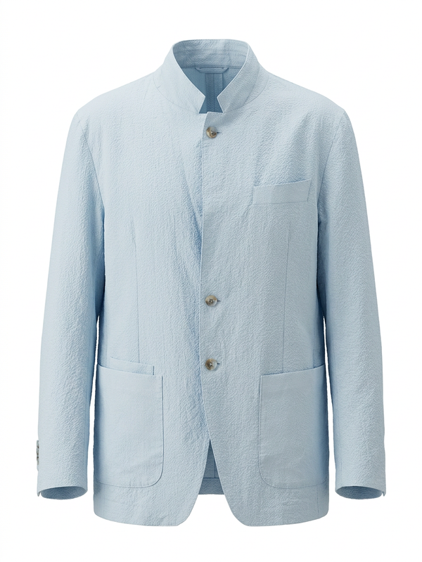 Ice Blue Seersucker Band-Collar Jacket