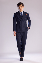 Linen Double Breasted Suit in Midnight Blue